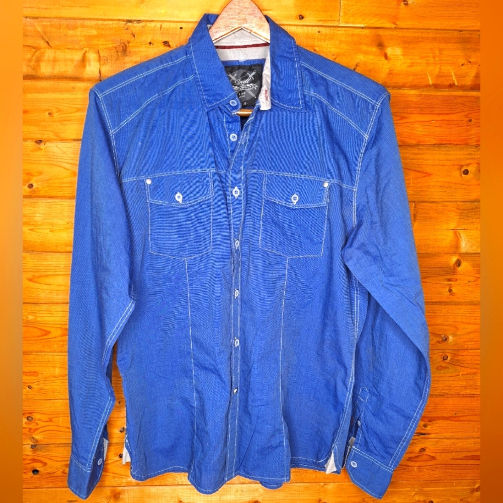 ❤️ Drill Blue Denim Button-Up Shirt Cowboys Western Long Sleeve Size M